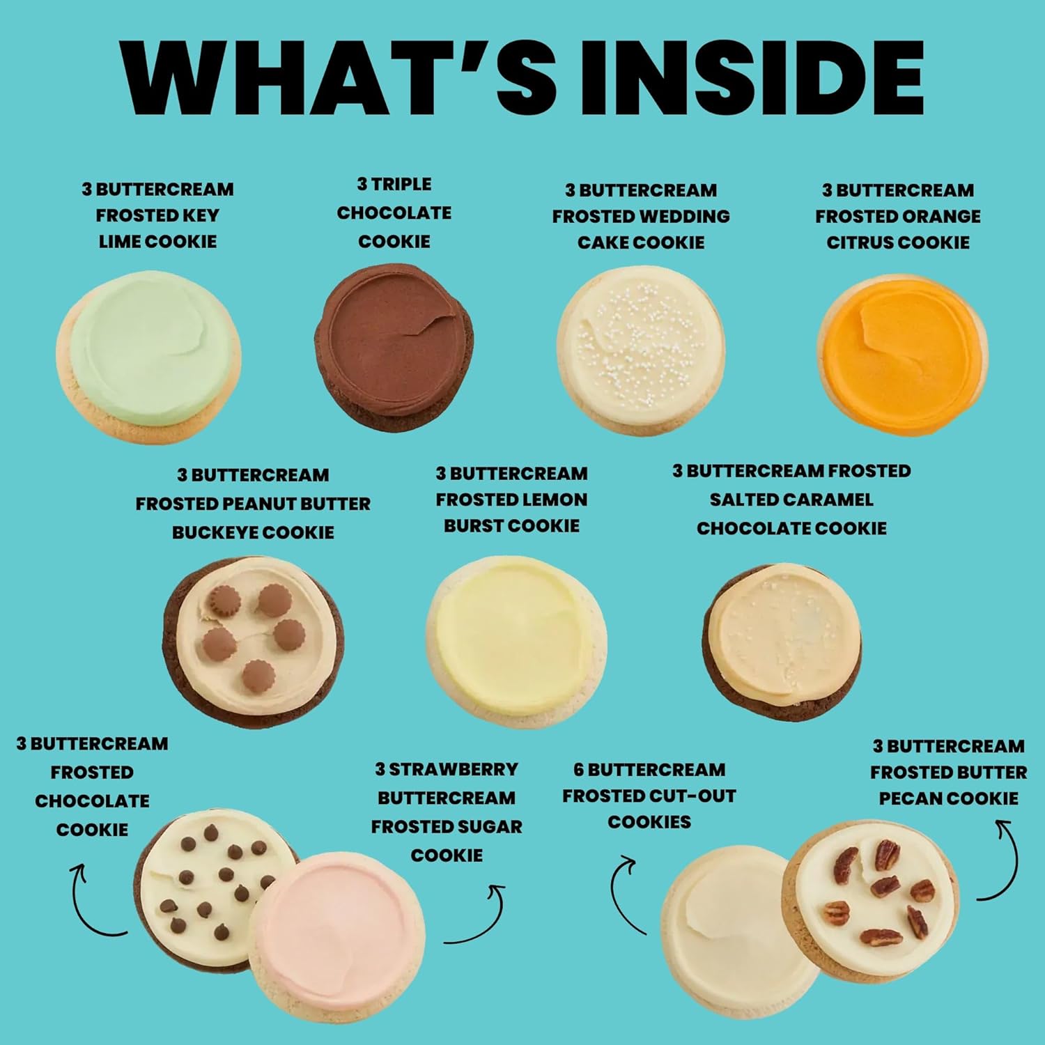Cheryl's Cookies® Buttercream Cookies Assortment, with 36 Gourmet Buttercream Frosted Cookies in 11 Delicious Flavors, Individually Wrapped, Ideal for Gifting or as a Personal Treat