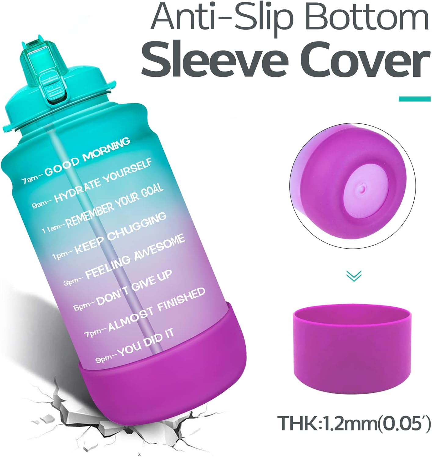 Elvira Large 1 Gallon/128 oz Motivational Time Marker Water Bottle with Straw & Protective Silicone Boot, BPA Free Anti-slip Leakproof for Fitness, Gym and Outdoor Sports-Green/Purple Gradient : Sports & Outdoors