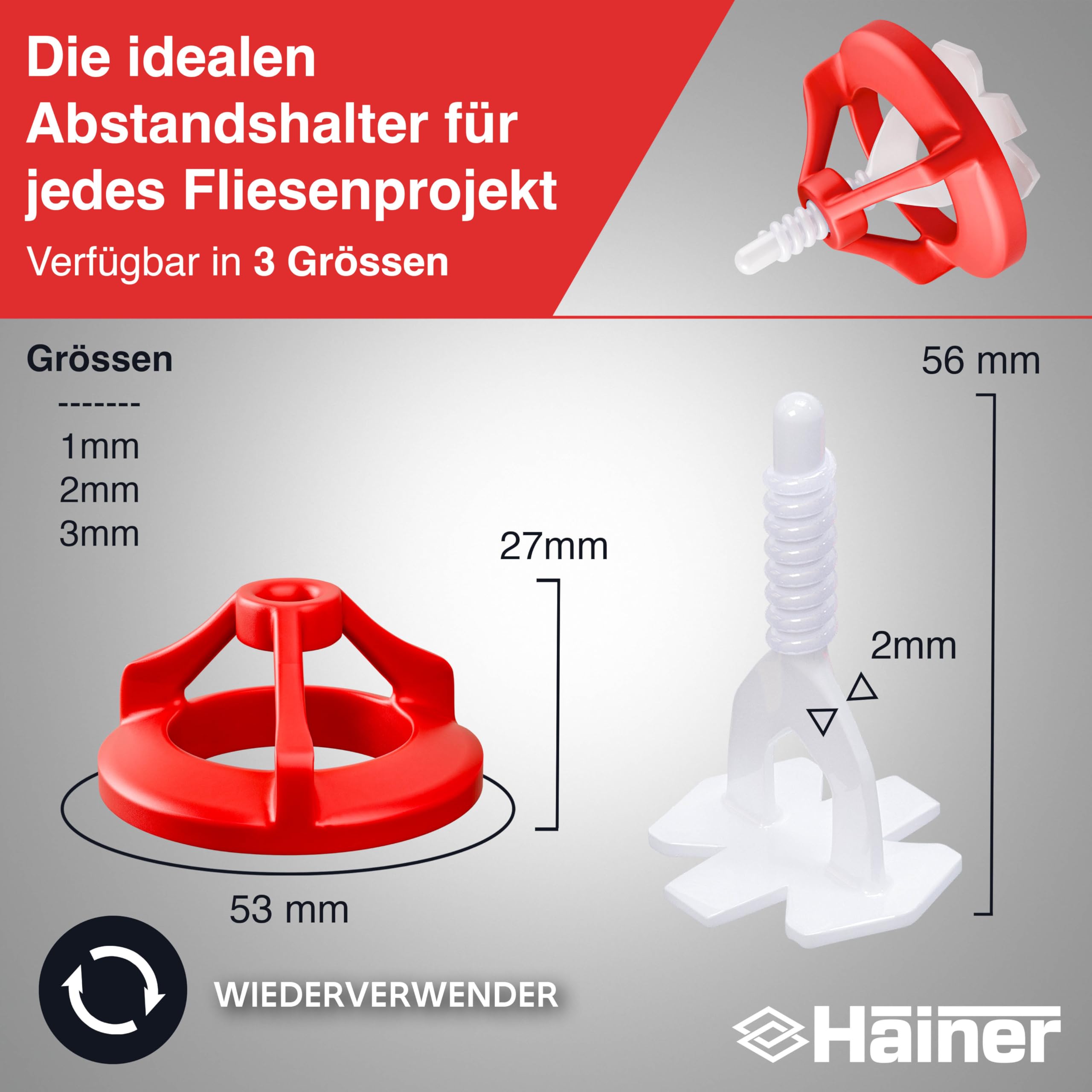 Hainer® Premium Fliesen Nivelliersystem Fliesenverlegehilfe | Saubere Fugen durch perfekte Abstandshalter, für Heimwerker & Profis inkl. Ebook und Anleitung (Set 100 Hauben + 200 Laschen, 2mm)