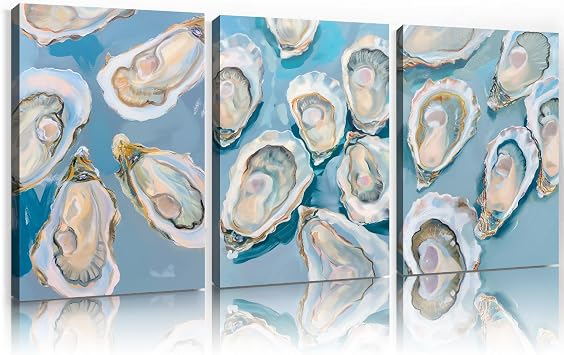 Blue Oyster Print Abstract Seashell Wall Art Marine Life Poster Watercolor Oyster Art Pastel Shell Pictures Oyster Canvas Wall Art Coastal Beach Posters Shell Watercolor Print 16x24inchx3 No Frame
