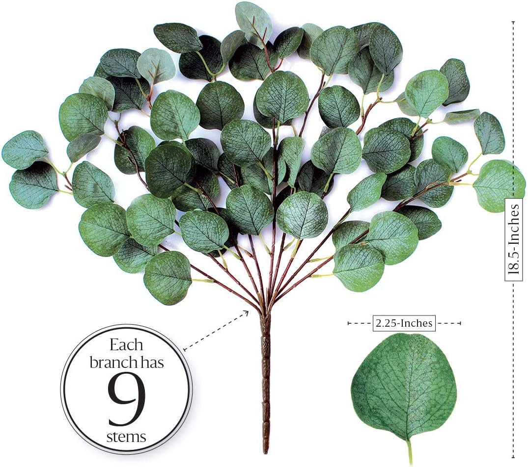 Faux Eucalyptus Leaves Artificial Greenery Stems Fake Silk Floral 3 Pick with 9 Green Branches Each for Full Vase Flower Arrangements, Holiday Decoration Centerpiece – Wedding Decorations, Decor