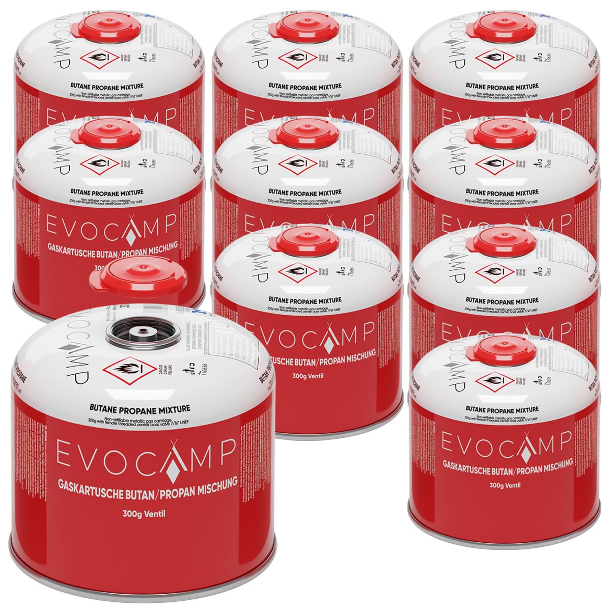 EVOCAMP 10X Cartouches de gaz Propane Butane 300g, Valve à vis avec Filetage européen 7/16", Cartouches à Valve 539ml avec Fermeture de sécurité Automatique