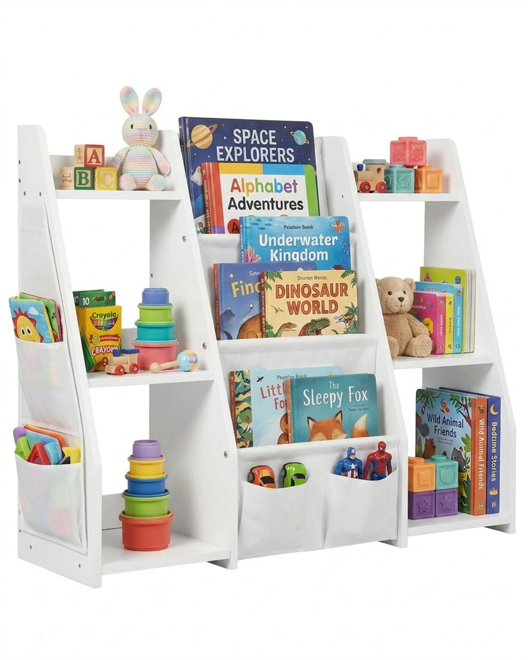 Librería Montessori Infantil Blanca con Bolsillos de Tela, 97 x 30 x 76 cm | Estantería infantil para libros y juguetes con compartimentos abiertos y kit antivuelco, ideal como mueble organizador.
