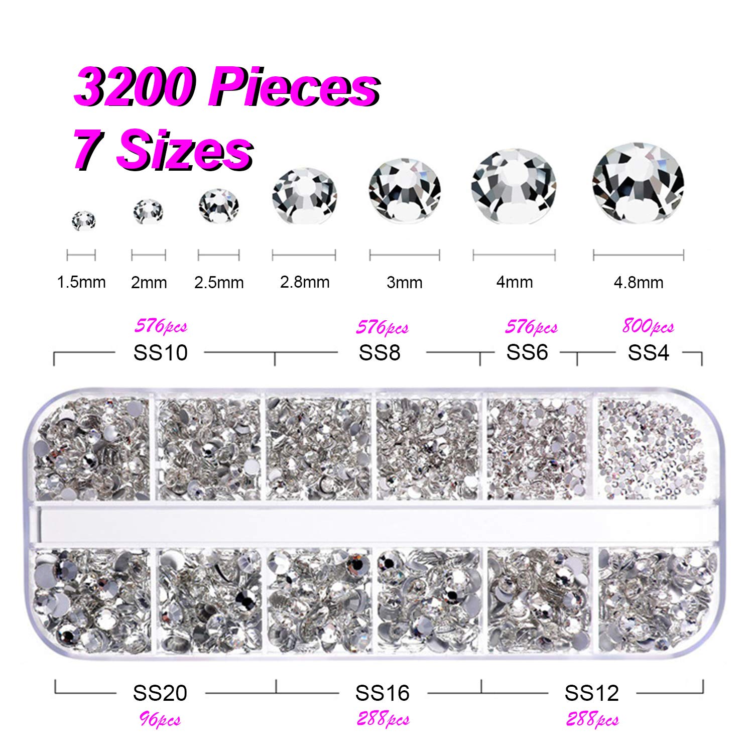 3200 pièces transparentes strass dos plat pour Nail Art, FITDON Verre strass cristal gemmes ongles diamant clair Pour décoration d'ongles Accessoires DIY Jewel Charms