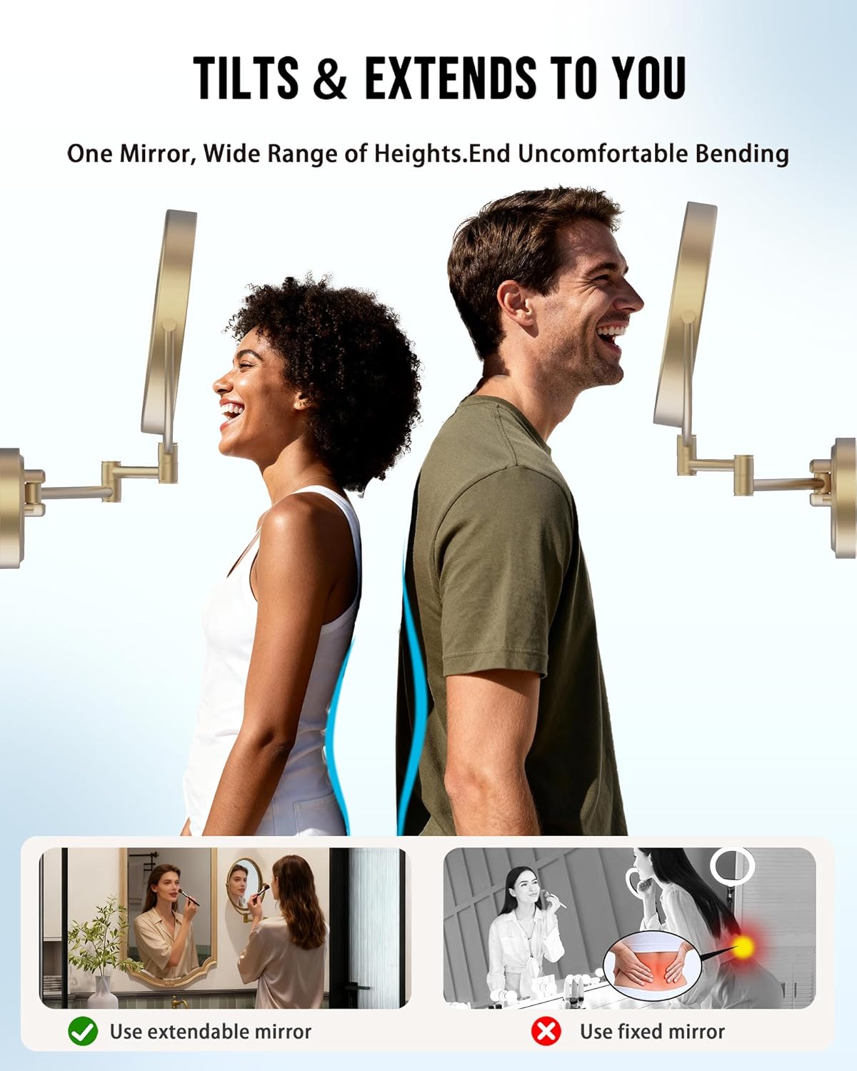 10" Wall Mount Magnifying Mirror with Light Gold, Rechargeable 1X/5X Double-Sided 3 Color Touch Dimmable Extended Swing Arm 360 Rotation Vanity Mirror for Bathroom, Satin Brushed Gold