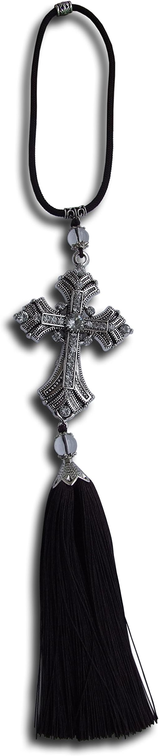 Holy Crystal Cross Lucky Car Rearview Pendant Roadster Interior Accessories Christian Item for Auto Mirror Charm vehicle Ornament Hanging Catholic Amulet Gift Decoration with Tassel