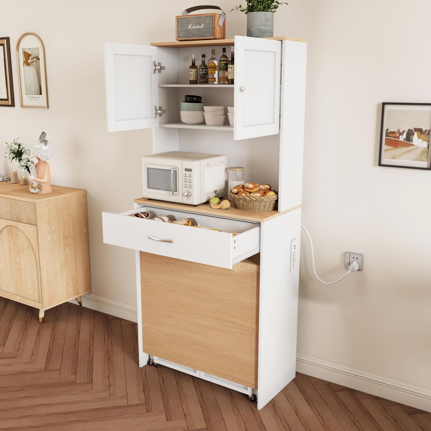 VOWNER 63” Folding Dining Table Set and 71” Tall Sideboard Cabinet, Space Saving Wood Cupboard with Power Outlet, Kitchen Storage Pantry, Mobile Multifunctional Desk for Small Place, for 4-6