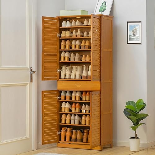 Miniatura 10 de Magshion Armario alto de almacenamiento de zapatos con puertas de persiana y cajón, soporte de estante independiente para armario estrecho, pasillo,