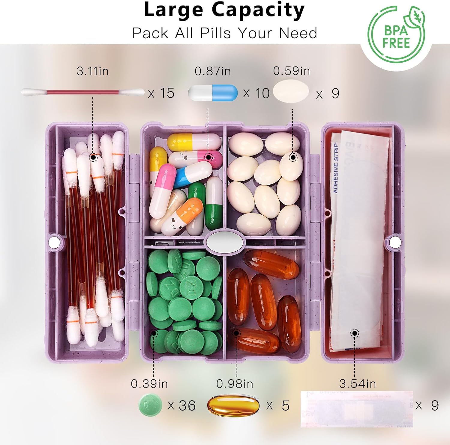 FYY Travel Pill Organizer with Blank Lables,6 Compartments Magnetic Pill Organizer Pill Box for Purse Pocket to Hold Vitamins,Cod Liver Oil,Supplements and Medication-Purple
