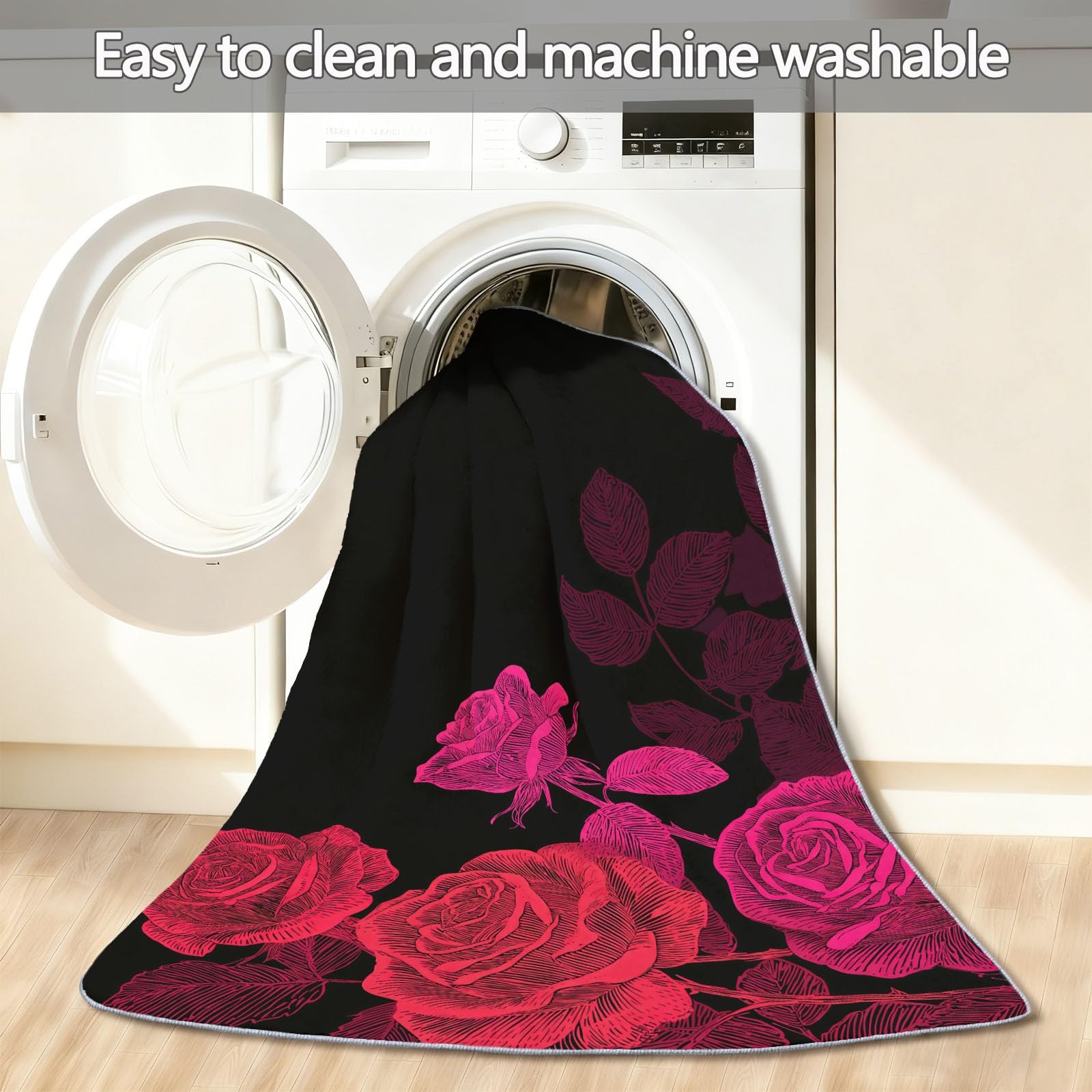 Retro Strichzeichnung floral Teppich Wohnzimmer 80x150cm, rutschfest Kurzflor Kunstwolle Schlafzimmer Teppich, Waschbar rosa schwarz Bettvorleger Teppiche für Wohnzimmer Schlafzimmer