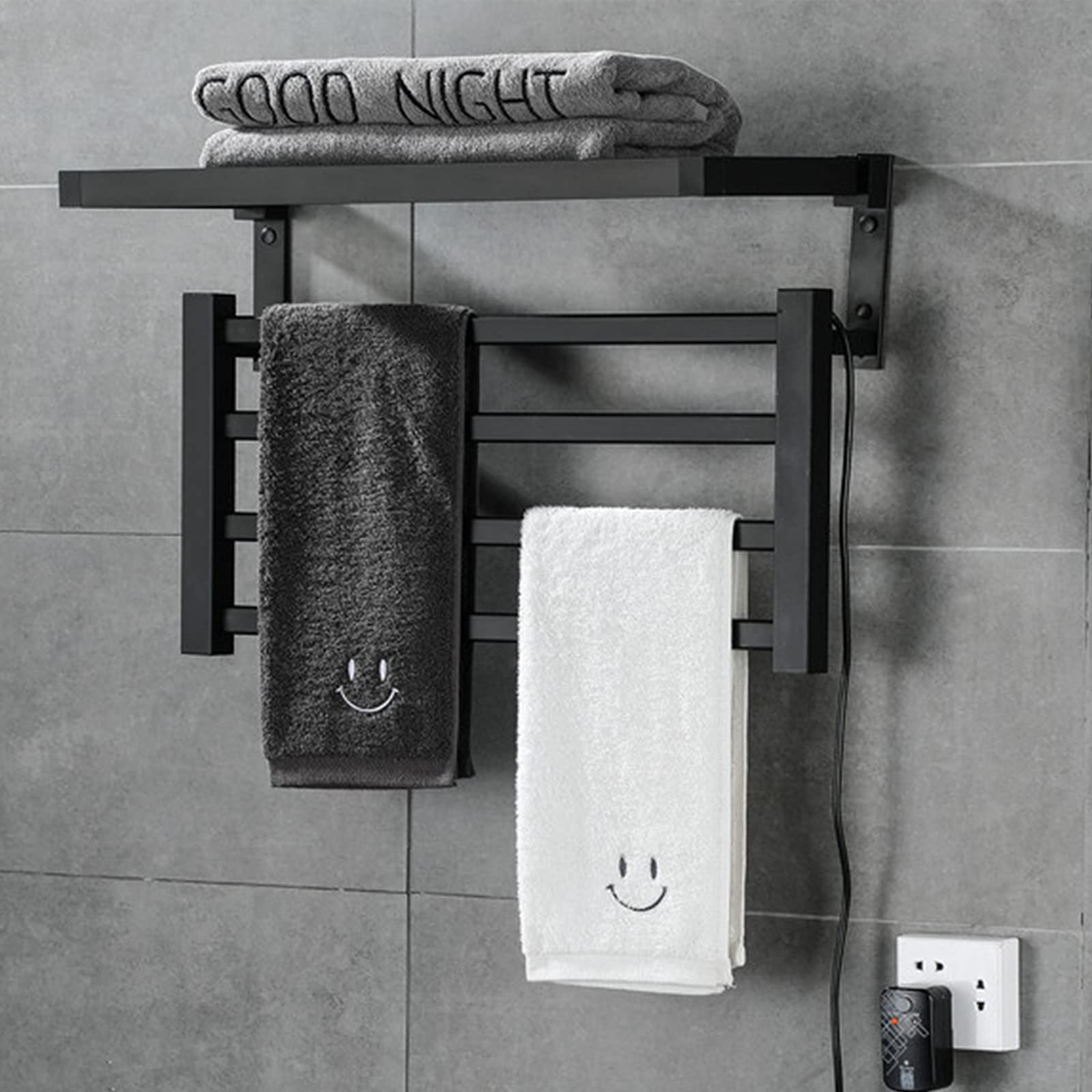 Calentador de toallas eléctrico inteligente, toallero calefactable enchufable montado en la pared de 4 barras, toallero de aluminio para espacio de baño con estante, rejilla de secado a temperatura