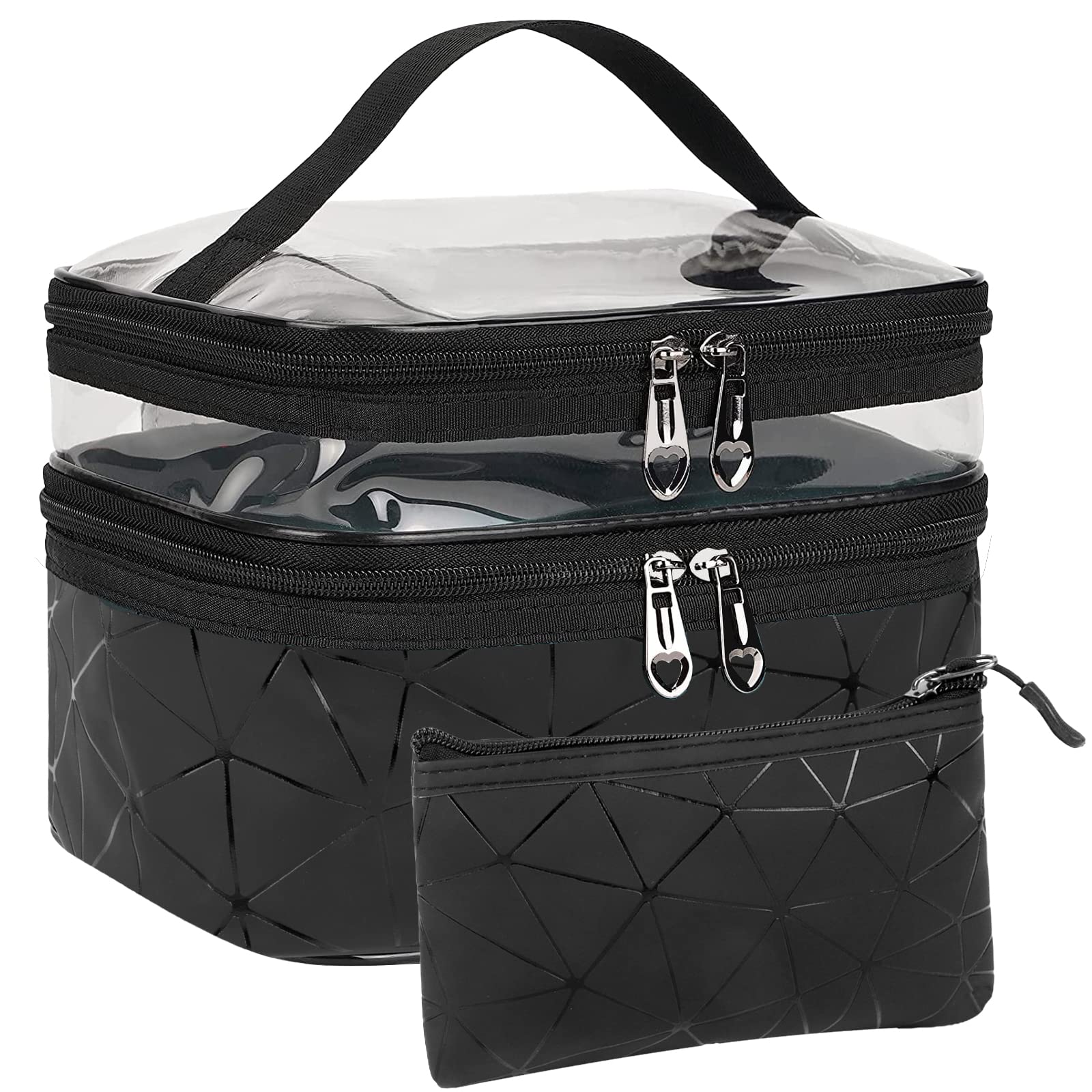 WellehomiLarge Capacity Travel Cosmetic Bag, 2Pcs Waterproof Double Layer Makeup Bags Big, Portable Toiletry Travel Bag with Compartment for Men Women (Black), Black