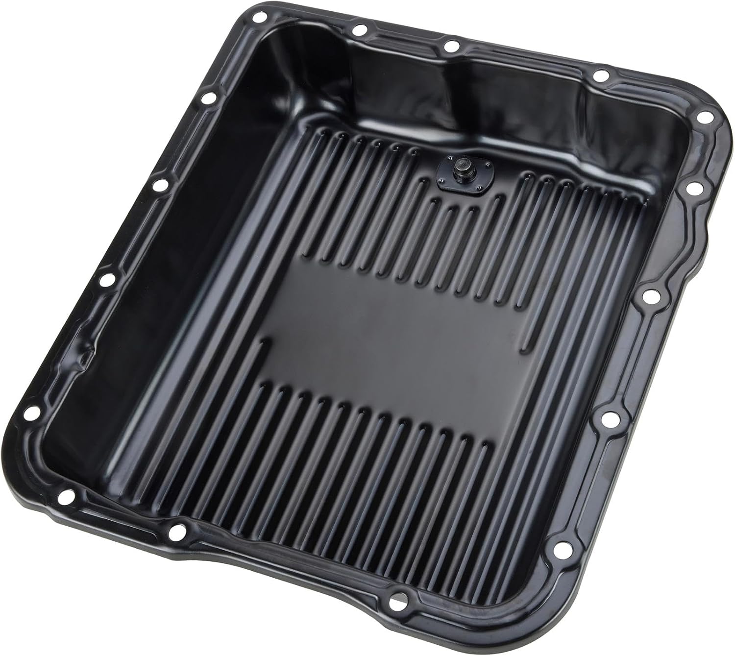 Speedway Motors Black Steel Transmission Pan for GM 700R4, 4L60E and 4L65E, Stock Capacity with Finned Design, 2-5/8 Inch Deep, Includes 1/2-20 Drain Plug
