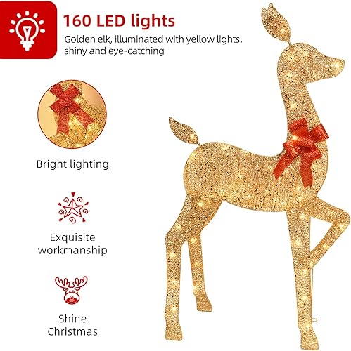 Miniatura 2 de HOYECHI Decoraciones navideñas grandes de 5 pies para exteriores, renos iluminados, juego de familia de ciervos 2D de 3 piezas con 160 luces LED