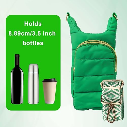 Miniatura 3 de PEUTIER Bolsa cruzada para botella de agua, bolsa cruzada para botella de agua verde con correa y bolsa, tela suave, multifuncional, portátil,