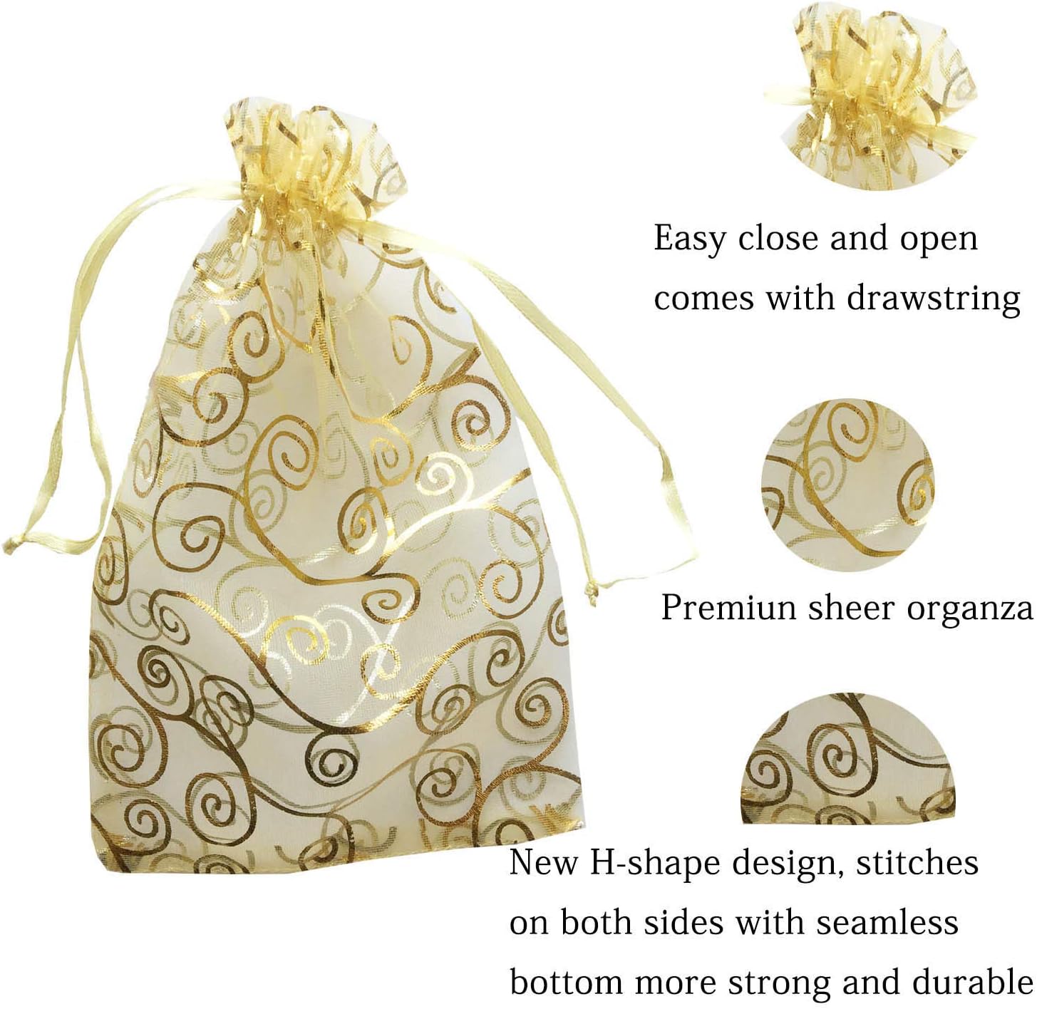 100 Pcs 5x7 inch Gift Wrap Bags Gold Rattan, Organza Sheer Clear Tulle Fabric, Drawstring Mesh Bags for Baby Shower Favor, Jewelry, Birthday Party Favor,Sachet,Christmas Favour,Craft Business,Jewelery - Image 2