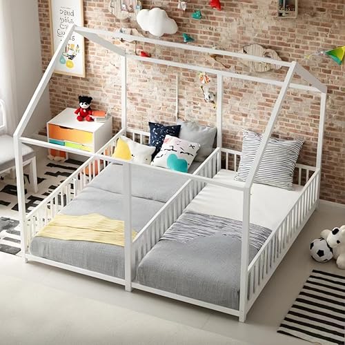ATY Cama alta de tamaño individual con tobogán marco de cama en forma de casa de madera maciza con barandilla de longitud completa para niños