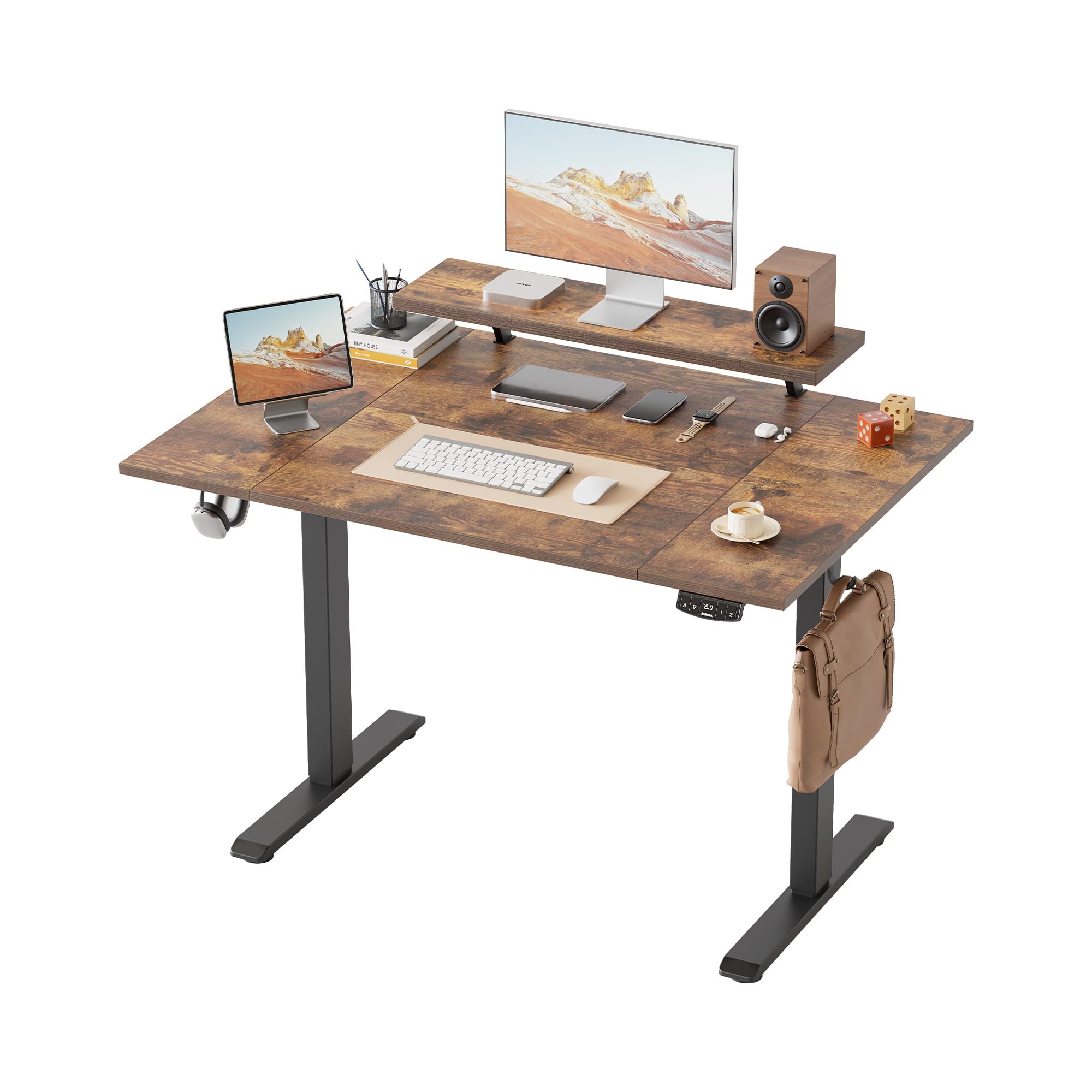 Klicelor Electric Height-Adjustable Desk with Movable Monitor Stand, 120 x 80 cm Sit-Stand Desk with 2 Memory Buttons and 4-Piece Table Top, Computer Desks, Brown