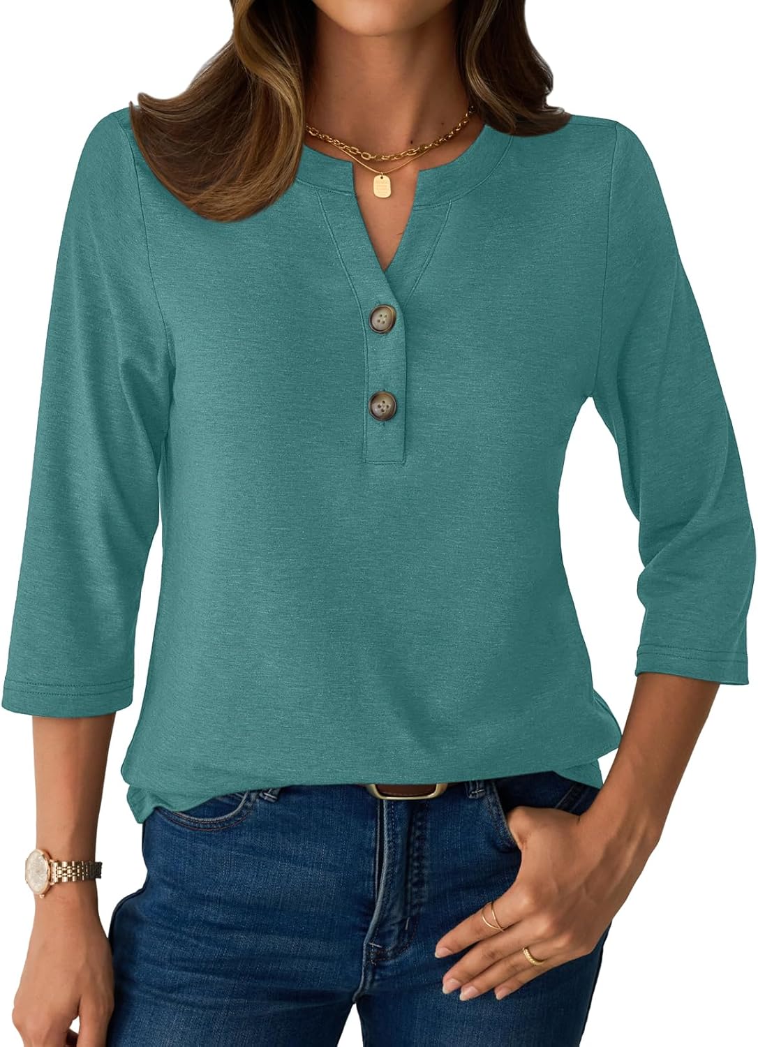 Womens Tops 3/4 Sleeve V Neck Button Down Henley Shirts Business Casual Outfit Basic Tees Summer Top 2026 - Image 6