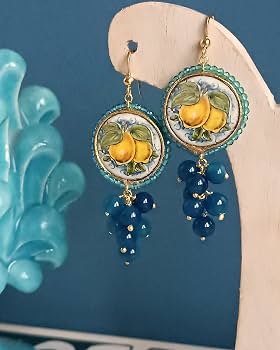 Orecchini Siciliani con Mattonelle in Ceramica di Caltagirone e Agata Blu