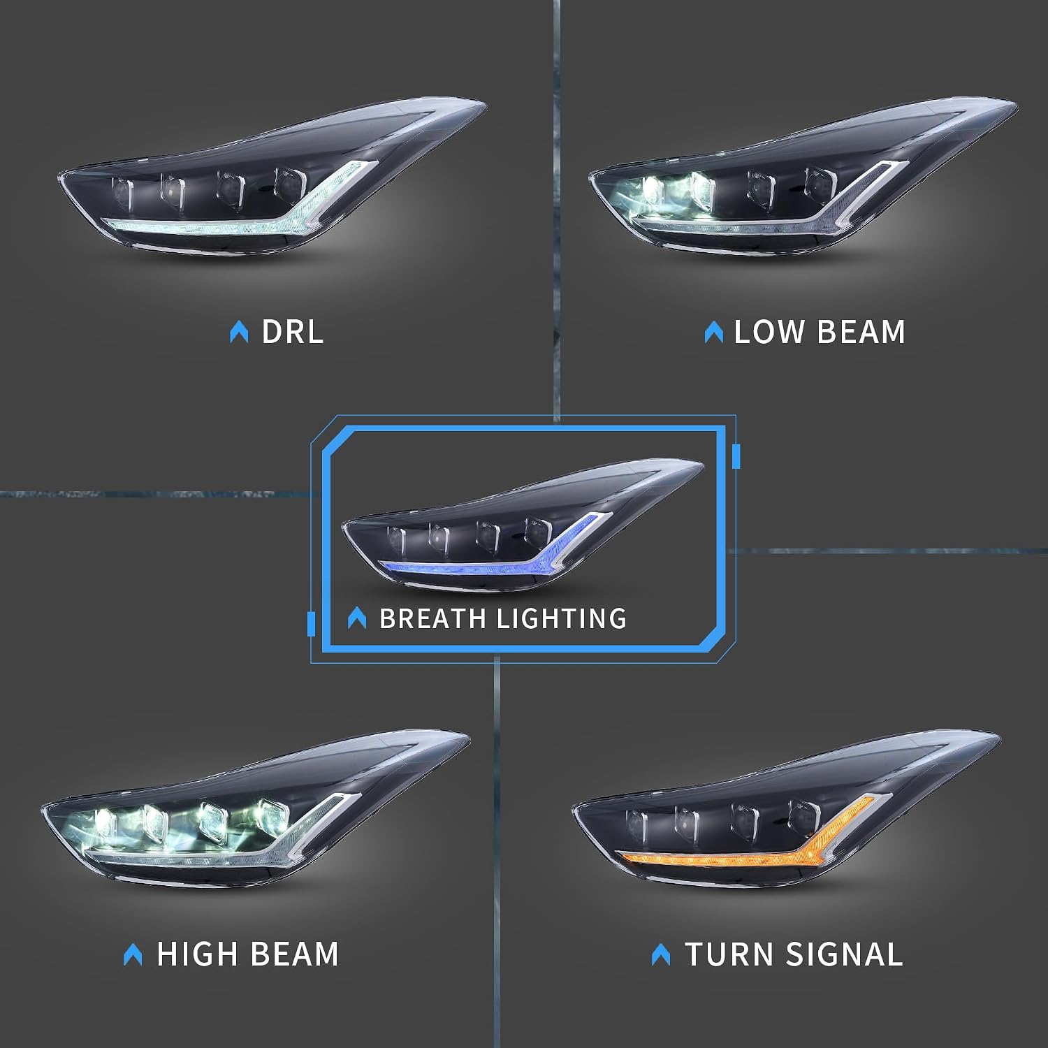 VLAND Led Headlight Assembly Compatible with Hyundai Elantra 2011-2015 Front Lamps w/Sequential Turn Signal w/Animation and Blue Breath Lighting