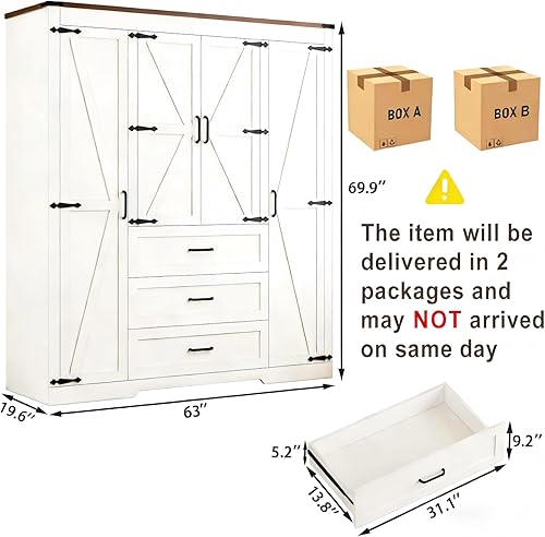 Miniatura 2 de Armario de cuatro puertas DalyLuxa con 3 cajones y estantes, armario de dormitorio estilo granja con barra para colgar y estantes ajustables