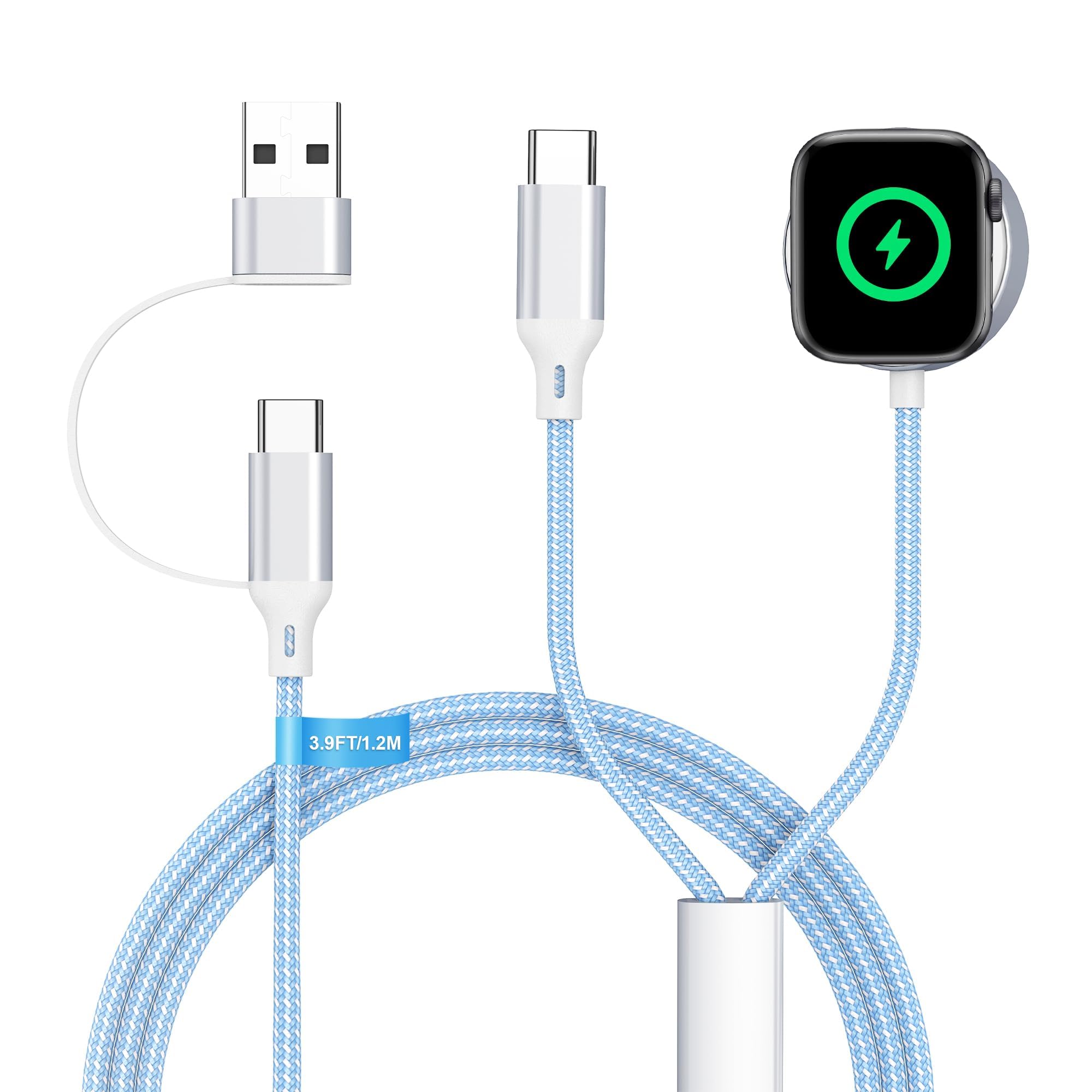 2 in 1 Cable for iPhone and Apple Watch Charger USB-C (Blue) | 1.2M Nylon Braided, Tangle-Free, Safe Charging, Compatible with Apple Watch Series 11/10/9 SE/Ultra & iPhone 17,16,15