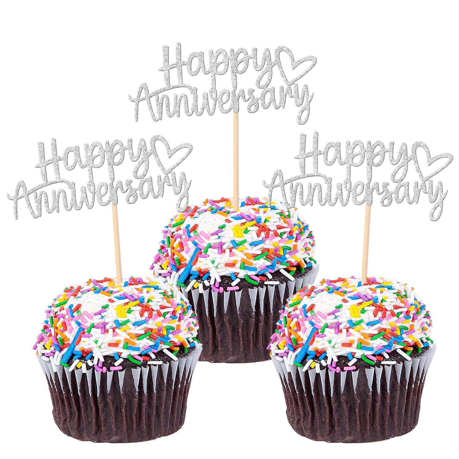 SYKYCTCY 24 Pack Happy Anniversary Cupcake Toppers Glitter Wedding Anniversary Cupcake Picks Baby Shower Birthday Party Cake Decorations Supplies Silver