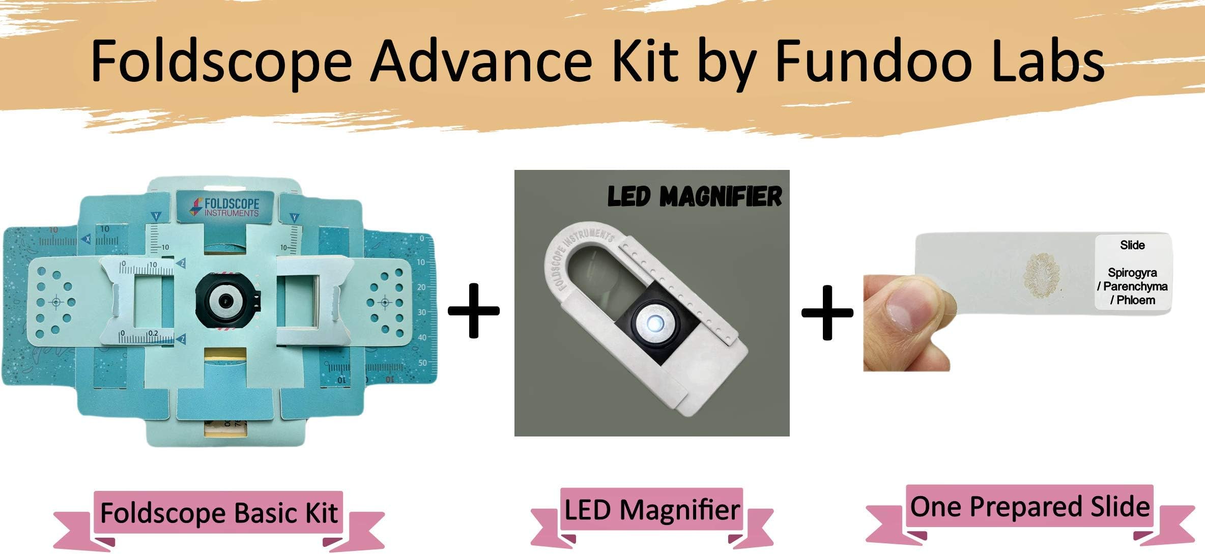 Foldscope Advance Kit - 100% Genuine DIY Microscope + LED Magnifier + One Prepared Slide by Fundoo Labs