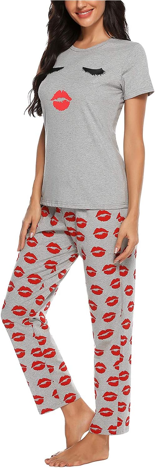 EISHOPEER Women's Cotton Pajama Set Cute Printed Short Sleeve Top & Long Pants Sleepwear Pjs Sets - Image 4