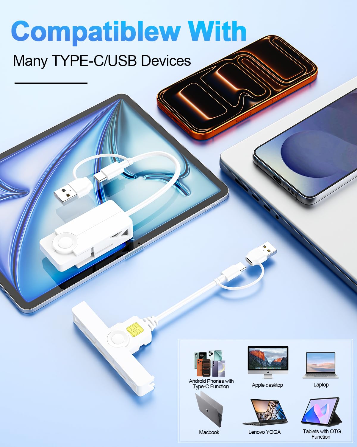 2en1 Lecteur de Carte identité USB-C&USB-A,Mini Smart Card Reader Lecteur de Carte à Puce SIM Militaire Compatible avec ISO 7816 Classe A,B,C,CAC/Carte D'identité à Puce pour Windows, Mac OS et Linux