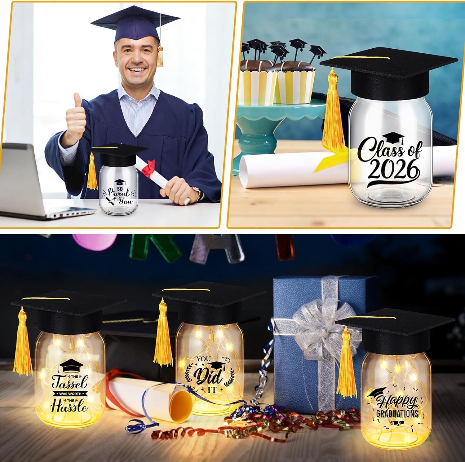12 Sets 2026 Graduation Table Decoration with Lights, Light up Glass Mason Jars with Printed Designs for Class of 2026 Graduation Table Centerpieces Decor with Grad Hat for Congrats Grad Party Favor