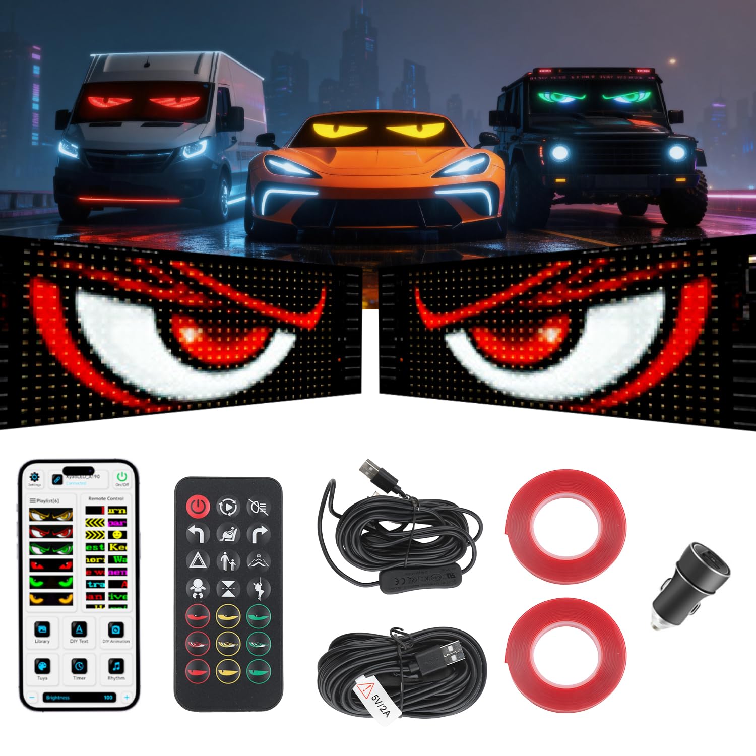 2PCS Devil Eyes LED Light for Car Windshield, 23.6"x4.73" Customizable App Control Animated Programmable Flex Display - IP68 Waterproof USB-Powered for Cars/Trucks/SUVs/Motorcycles
