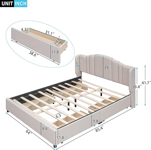 Miniatura 10 de Elegante cama tapizada de tamaño Queen con 2 cajones y 1 nido individual XL cama de almacenamiento de tela de lino con listones de madera para