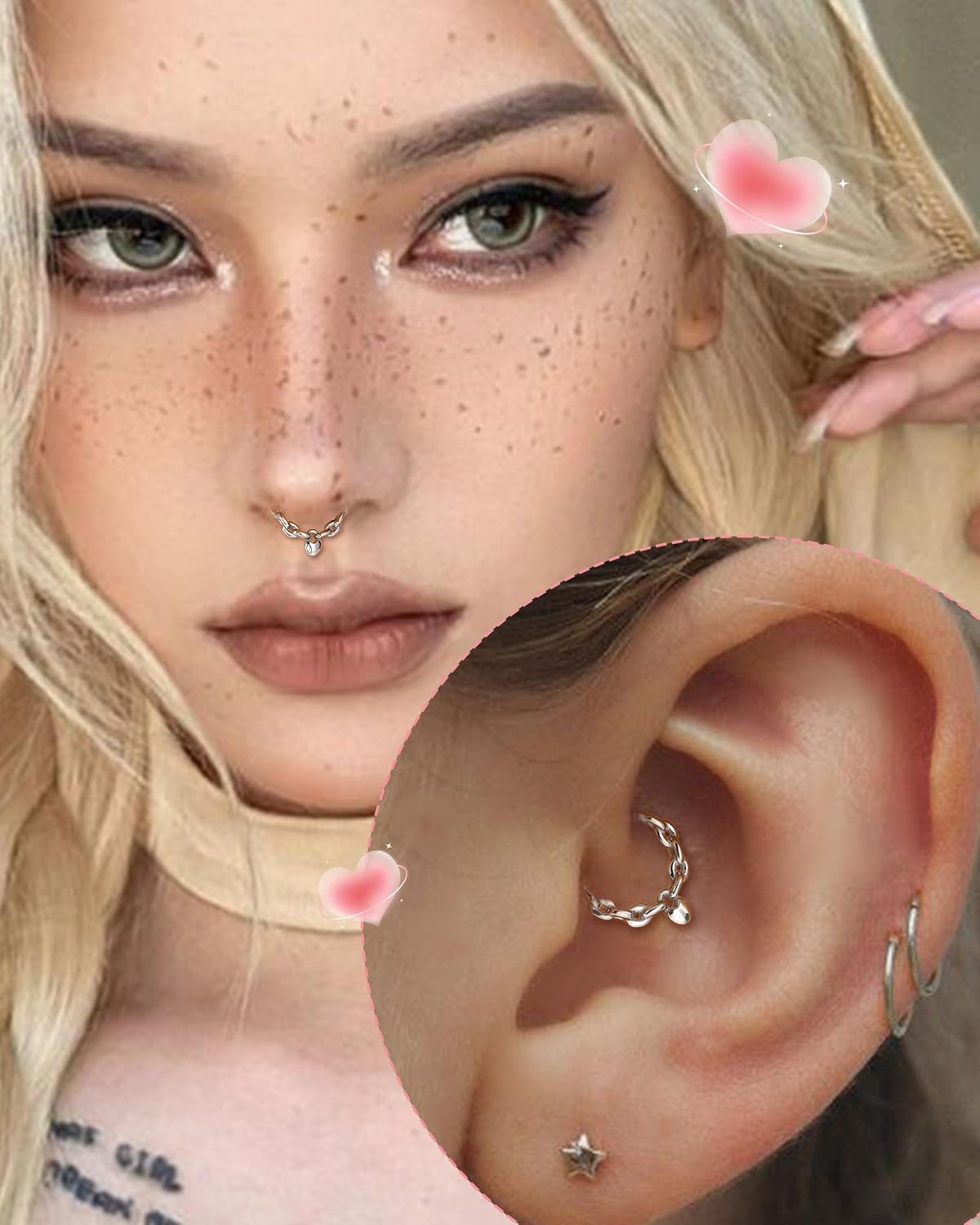 COCHARM Dangle Heart Septum Rings 16G Septum Jewelry Surgical Steel Daith Earrings Cute Helix Daith Piercing Jewelry 8/10MM