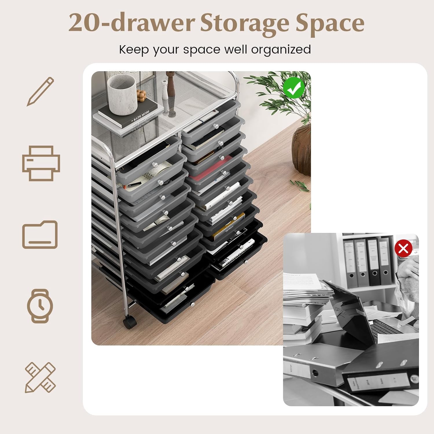 MAT EXPERT 12-Drawer Rolling Storage Cart, Mobile Utility Cart on Wheels, Removable Storage Drawers for Home, Study, Office, School,Paper Organizer (Gradient Grey, 20 Drawer)