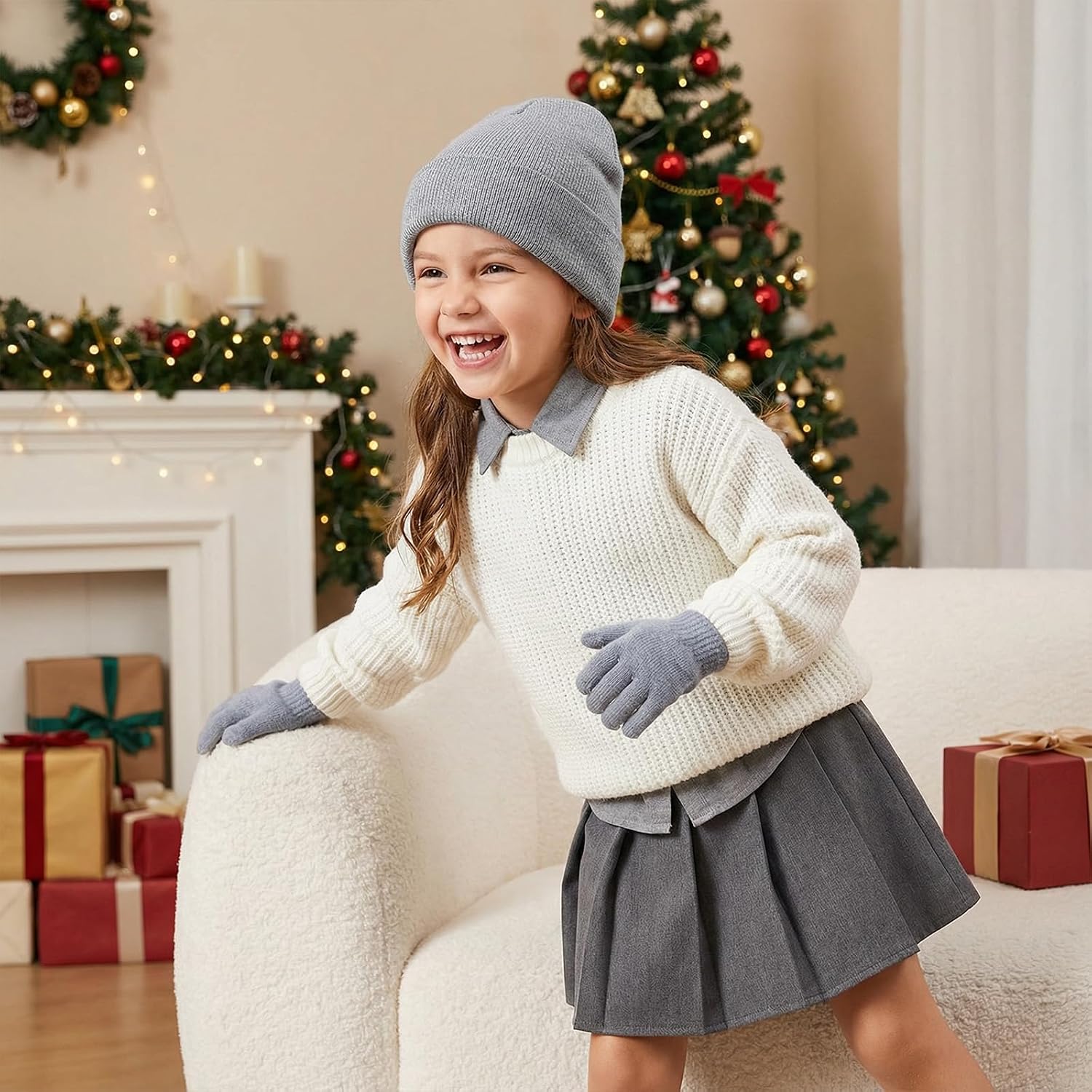 4 Pack Kids Winter Beanie Hats and Gloves Sets for Boys Girls, Warm Knitted Caps and Full Finger Gloves for Cold Weather
