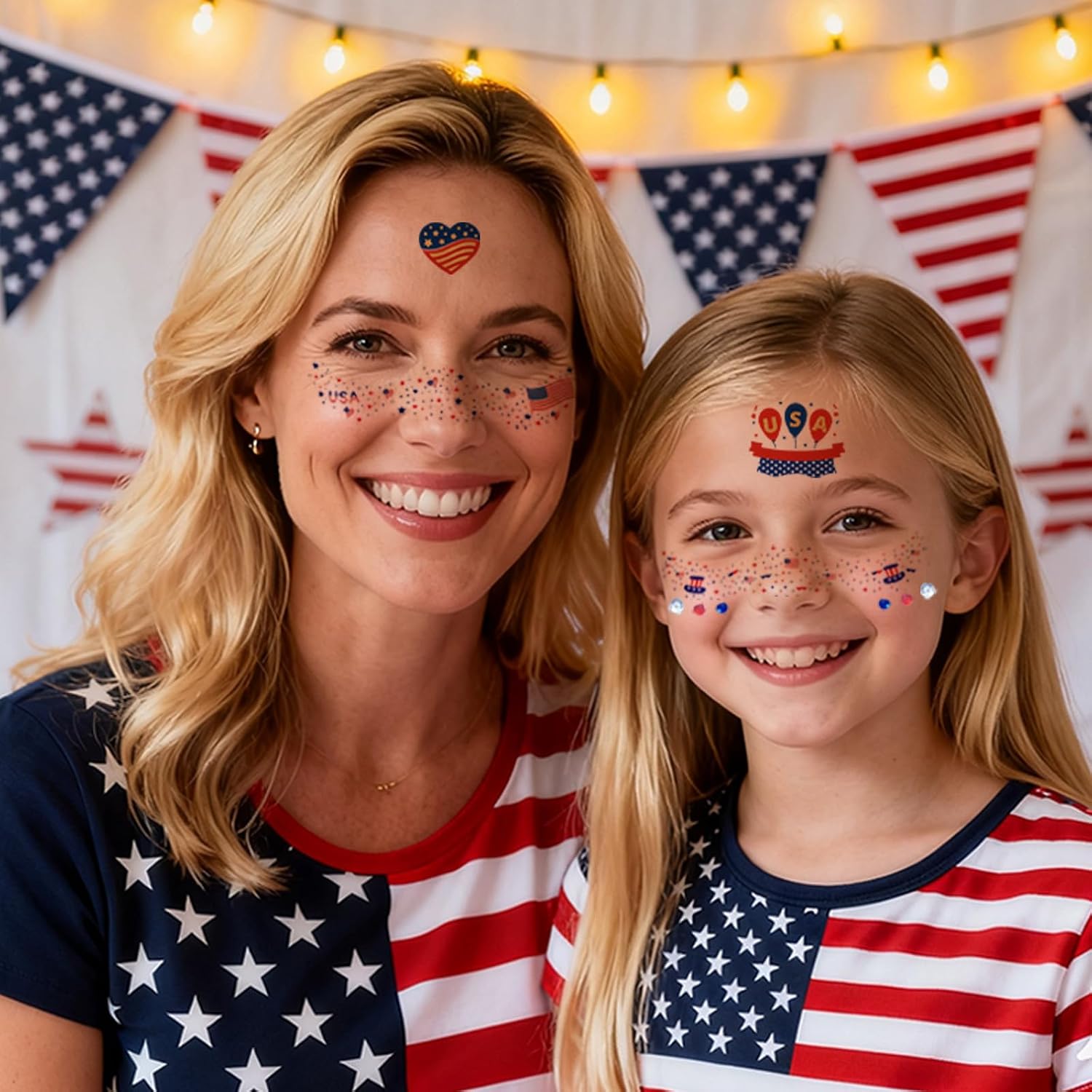 4th of July Tattoos, Red White Blue Face Glitter Freckles+Face Gems Hair Rhinestone+American Flag USA Temporary Tattoos for Patriotic, Independence Day Fourth of July Memorial Day Labor Day