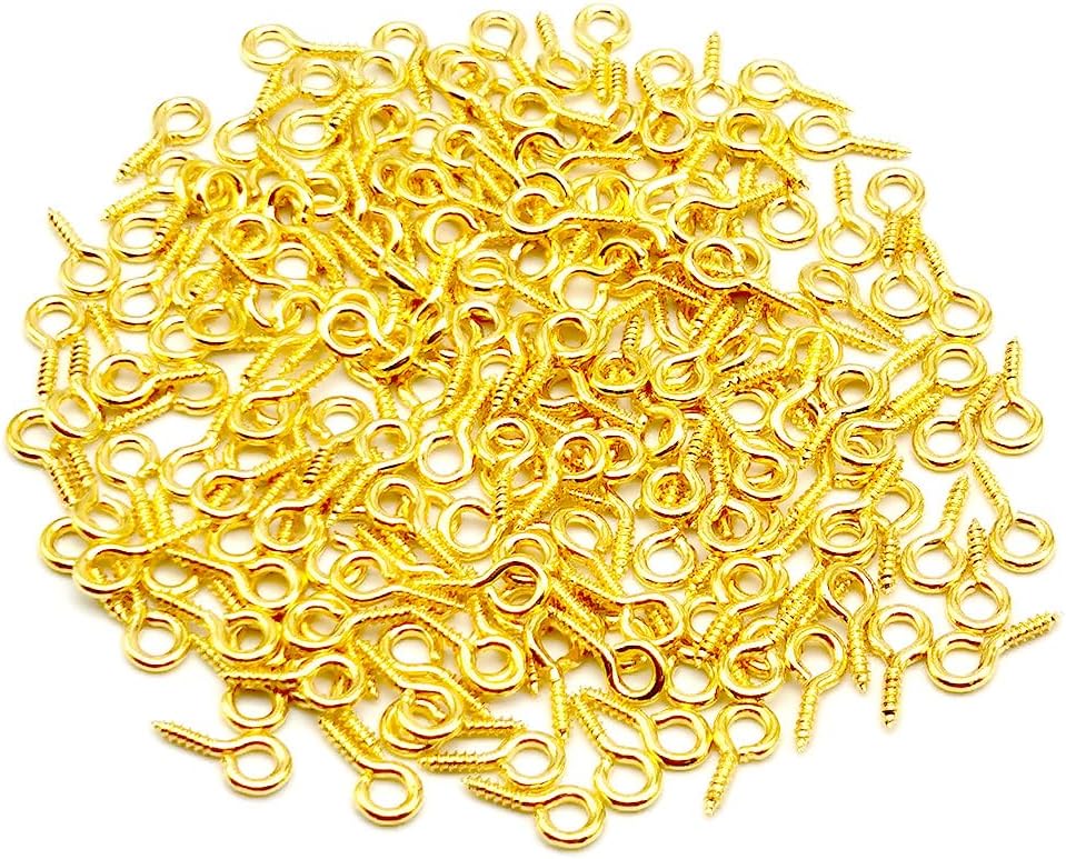 400 Pack Small Screw Eye Pins | 10 x 5mm Mini Screw Eye Pin Peg for DIY Jewelry Making | Charm Bead Pieces | Wood Arts Crafts Projects | Self Tapping Hooks Ring (10mm, Gold)