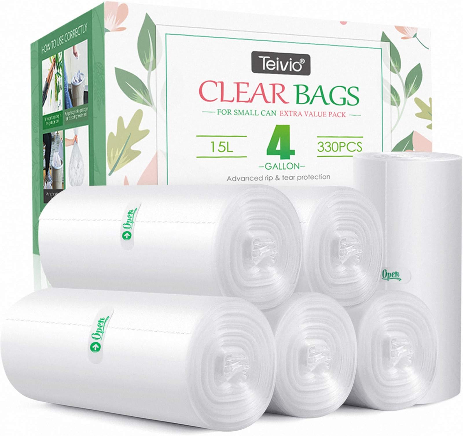 4 Gallon 330 Counts Small Clear Trash Bags Garbage Bags by Teivio, Bathroom Trash Can Bin Liners, Small Plastic Bags for home office kitchen, fit 12-15 Liter, 3,3.5,4.5 Gal, Clear | Fit 12-15 Liters,3.5,3.8,4,4.5Gal,Mini Plastic Waste Basket Bins Can Liners for Home Bathroom Office Car, Cleaning Supplies