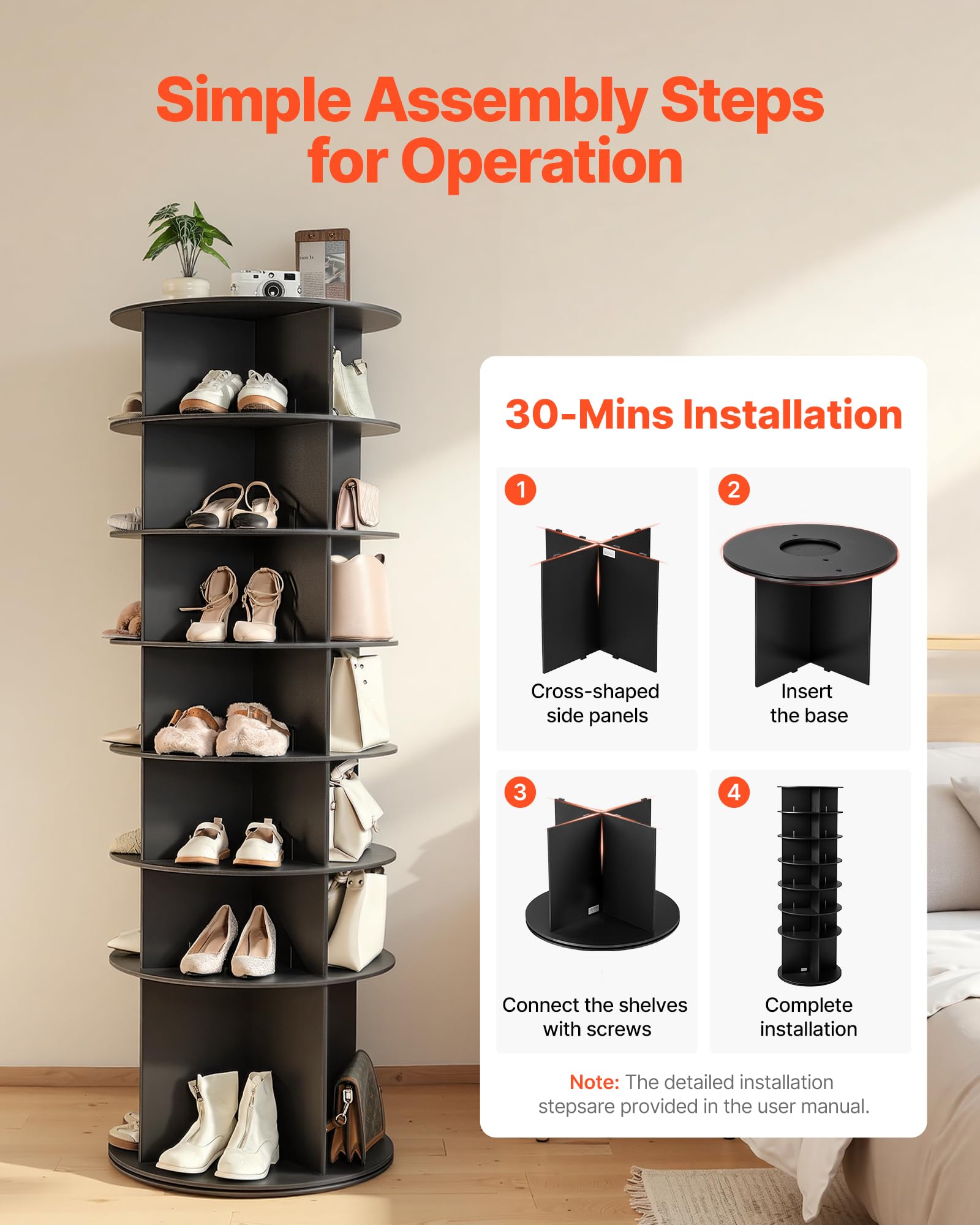 VEVOR Carosello Portascarpe Supporto Girevole a 360° con 598 x 598 x 1805 mm per 28 Paia di Scarpe 7 Ripiani, Salvaspazio, Scaffale per Scarpe per Camera da Letto, Soggiorno, Ingresso, Nero
