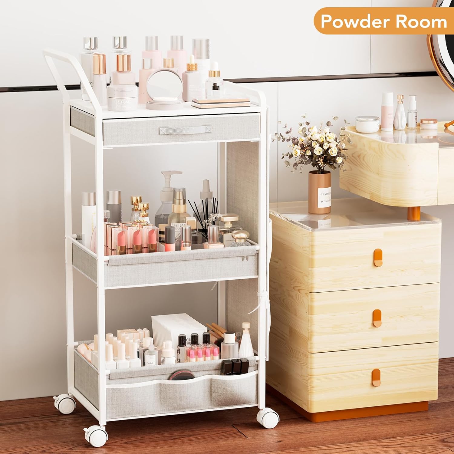 BBLIKE 3-Tier Diaper Caddy Organizer - Rolling Utility Baby Cart with Drawer and Side Pockets for Nursery and Baby Essentials, Multi-Function Cart for Bedroom and Bathroom, White