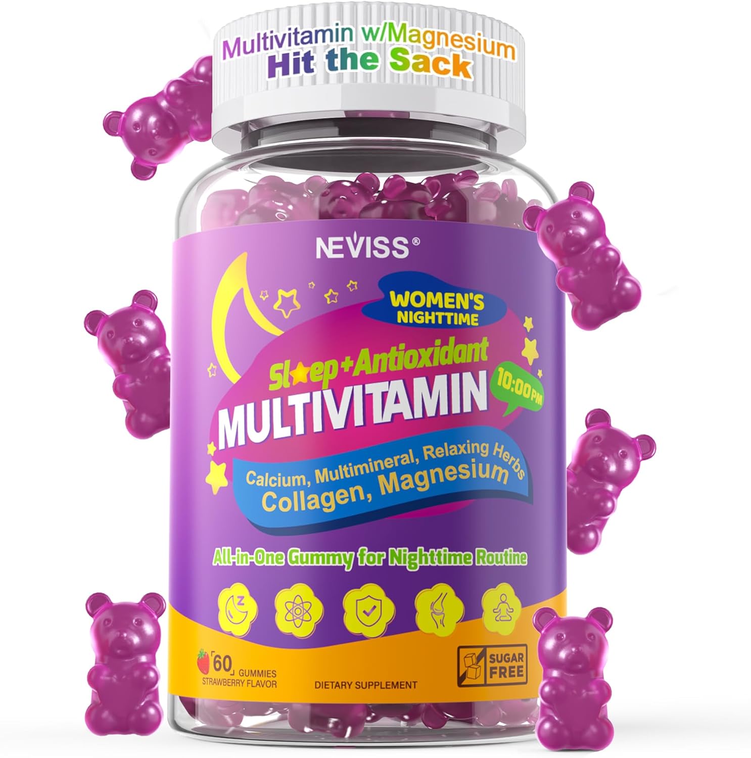 NEVISS Multivitamin for Women Gummies with Magnesium Glycinate 400mg, Calcium D3K2, Hydrolyzed Collagen Gummy for Night Renewal/Sleep, Antioxidant, Relax, Bone, Womens 18 30 40 50 60 70+ Daily Vitamin