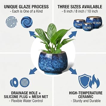 BUYMAX Ceramic Plant Pots Set of 3, 6 & 8 & 10 Inch Indoor Planters | Three Sizes For Different Plants and Spaces | Unique Blue Reactive Glaze Gradient | Mesh Pads And Rubber Plugs Included