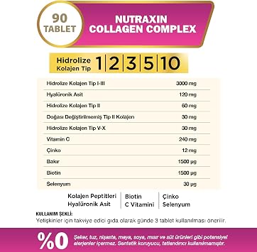 Nutraxin Collagen Complex Tablet | 5 Tip Kolajen (Tip I, II, III, V, X) + Hyalüronik Asit, Elastin, C Vitamini | Şeker ve Gluten İçermez | 90 Tablet