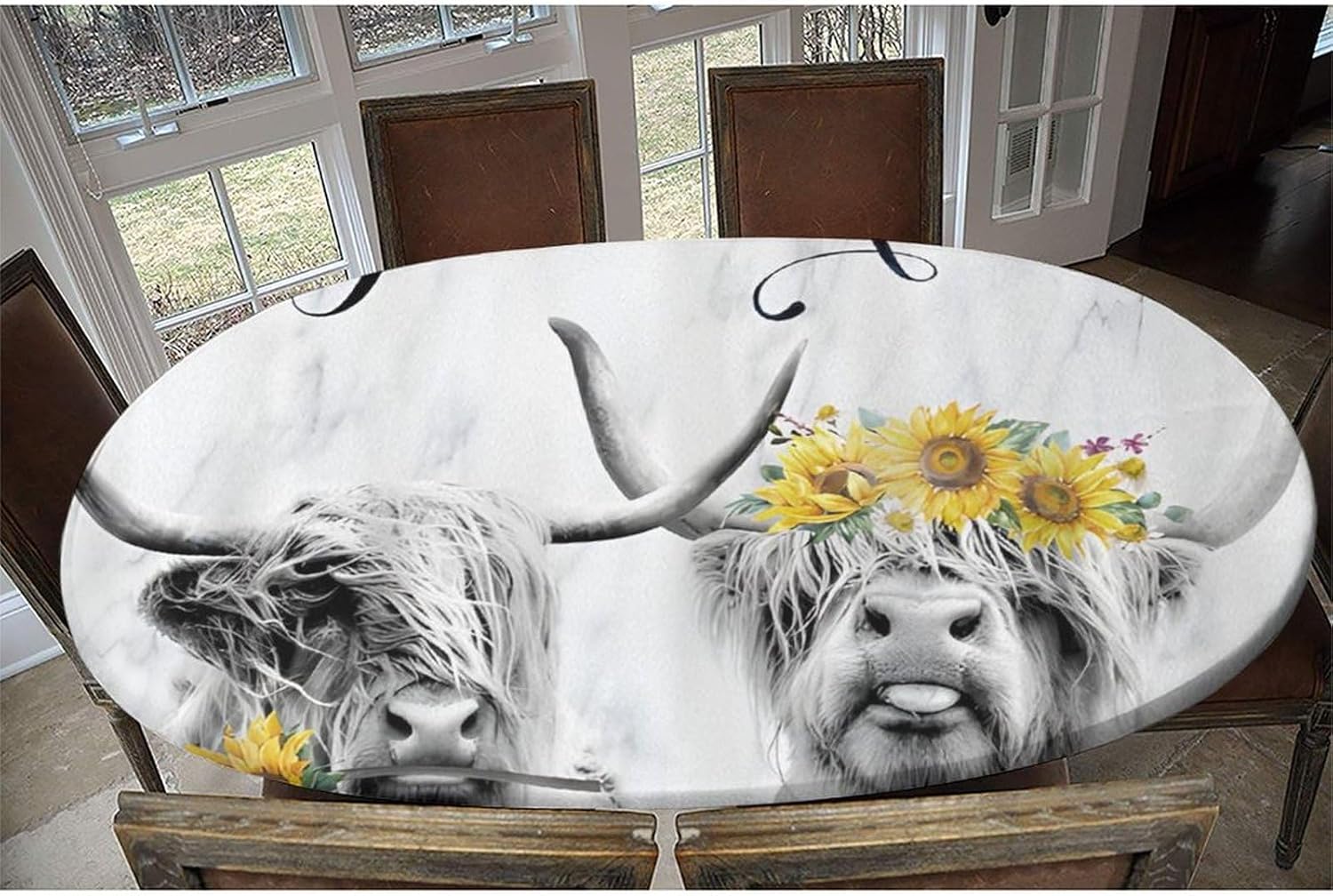 Oval Fitted Tablecloth with Elastic Edge,Sunflower, Get Naked Farmhouse Cow, Grey Washable Wipeable Tablecolth, for Outdoor Picnic Camping and Indoor Kitchen Dining Party,Fits for 48 x 80”Oval table