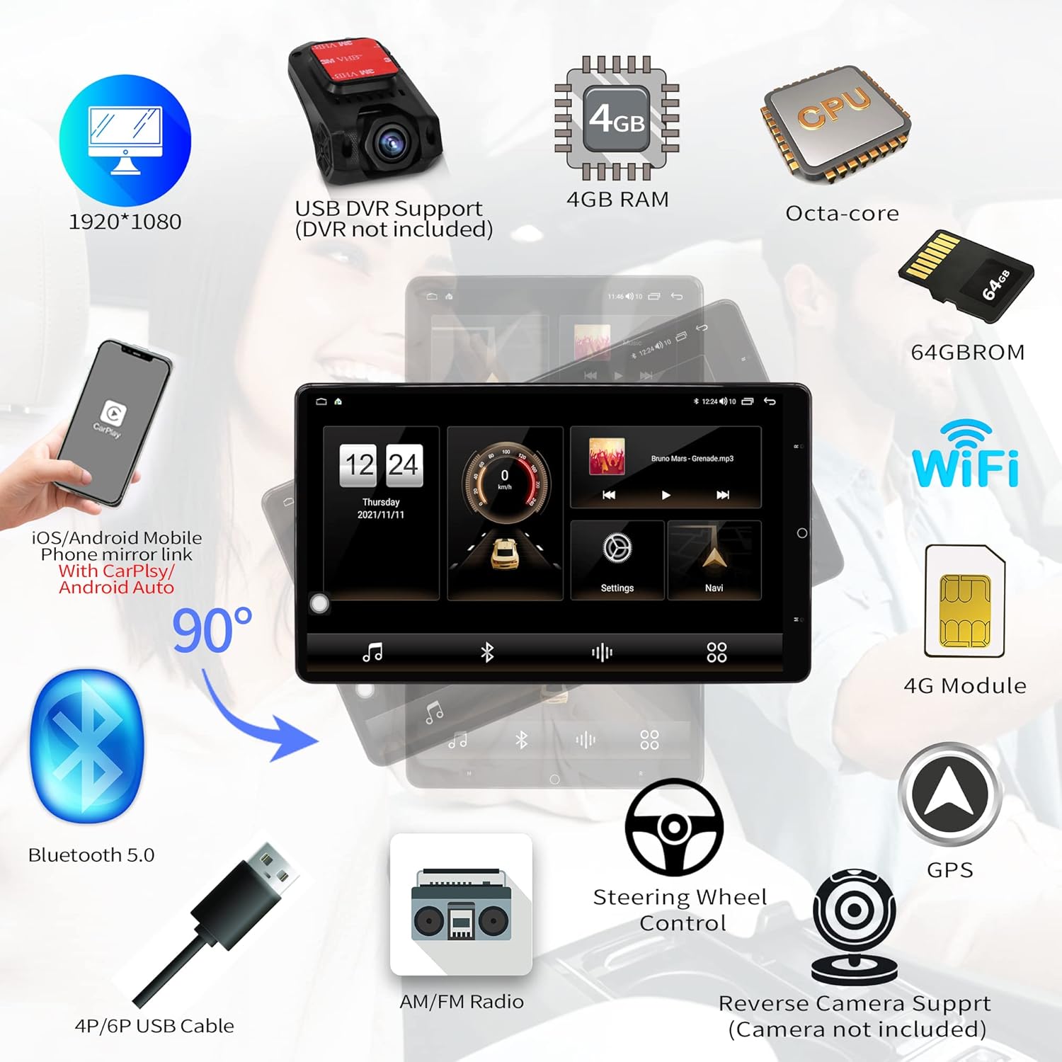 13.3 Inch Universal Double DIN Rotatable Android Car Stereo with 4GB+64GB IPS 1920×1080 Head Unit GPS Navigation Car Radio Compatible with Apple CarPlay/Android Auto Bluetooth 5.0 4G LTE