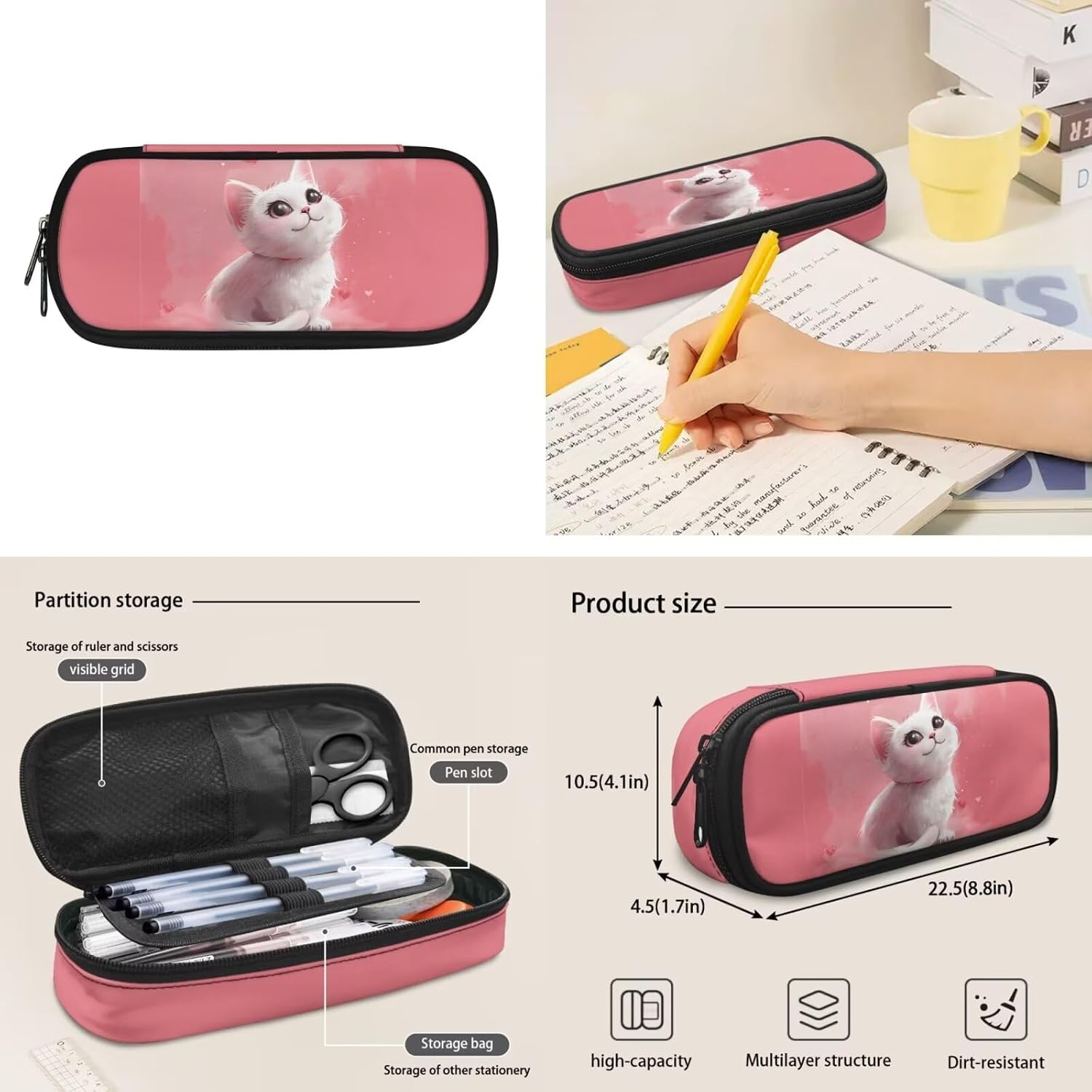 TOADDITDO Cat Cute Backpack for School 4th Grade 9-10 Girl 4-Piece School Bookbag Set with Lunch Box Pencil Case Water Bottle Holder Elementary School Large Schoolbag Kids Hiking Camping Backpacks