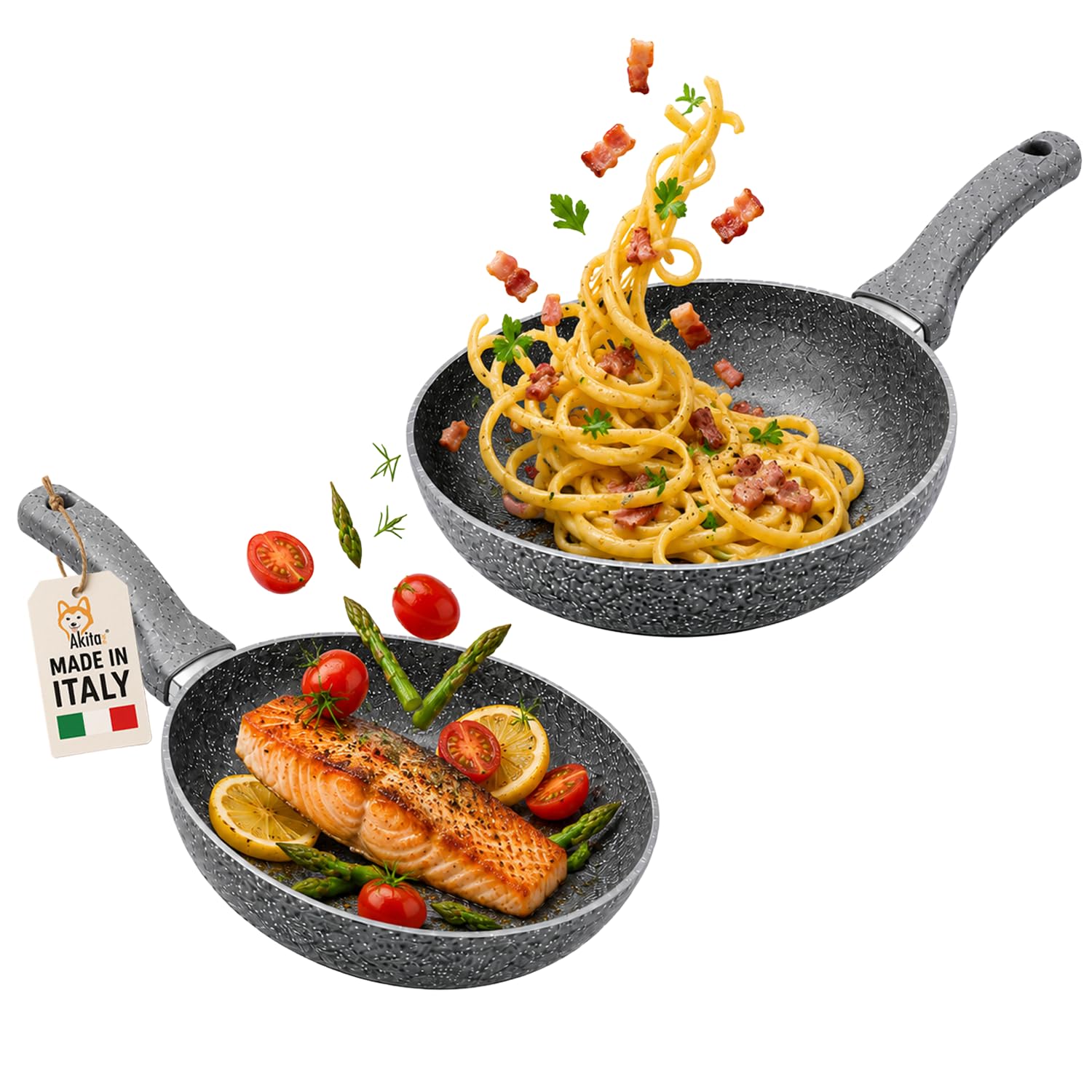 AkitaInk Set Padelle Futura Bis 24 e 28 cm - Padelle in Alluminio Pressato con Rivestimento Antiaderente Effetto Pietra, Manici in Bachelite