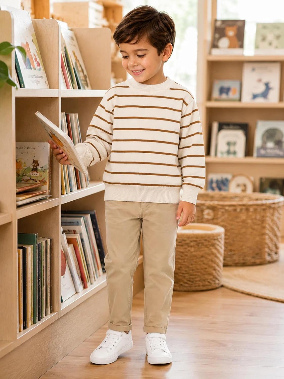 Boys Striped Sweater Long Sleeve Knit Pullover, Soft Crewneck Fall Winter Top for Toddler Little Kids Age 3-7